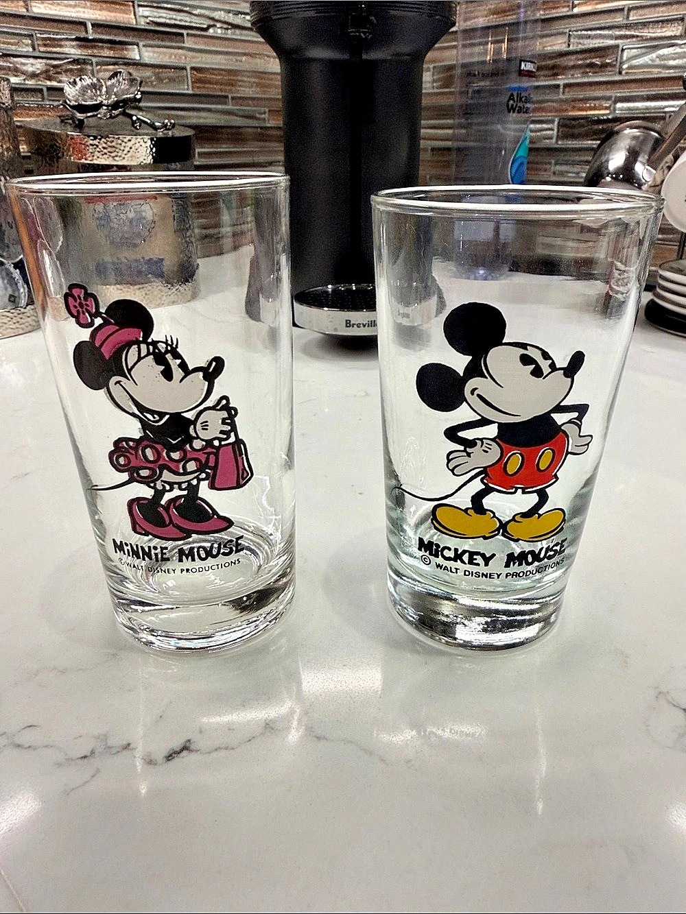 Disney Vintage Set Of 2 Walt Productions Glasses Mickey Mouse And Minnie Mouse
